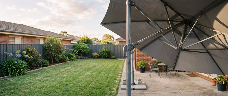 Aluminium frame, ribs and joint hardware of an open cantilever patio umbrella