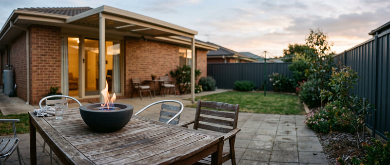Bioethanol fireplace burning cleanly on an outdoor table in a normal Australian backyard