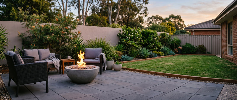 Smokeless concrete bioethanol fire bowl with a clean flame on a tidy paved courtyard at dusk