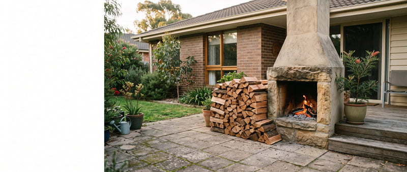 Seasoned split firewood stacked beside an outdoor fireplace with a lit flame