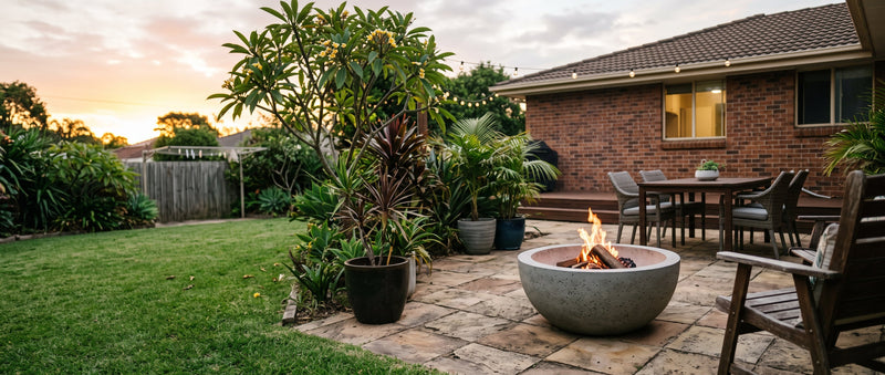 Round concrete fire bowl burning on a paved courtyard at dusk