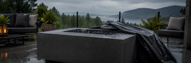 Outdoor propane fire table on a rain-soaked patio with water droplets and a partially fitted protective cover under an overcast sky.