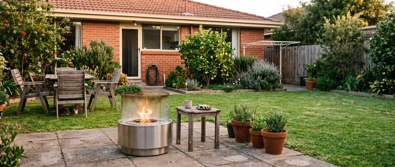 Bioethanol fire bowl with a clear glass wind screen in a tidy Australian backyard