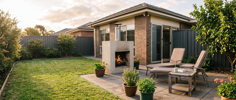 A rendered masonry outdoor fireplace with a steel flue burning a small fire against a Colorbond fence in a tidy Australian suburban backyard, with a paved courtyard, lounge chairs and a lemon tree in late afternoon light.