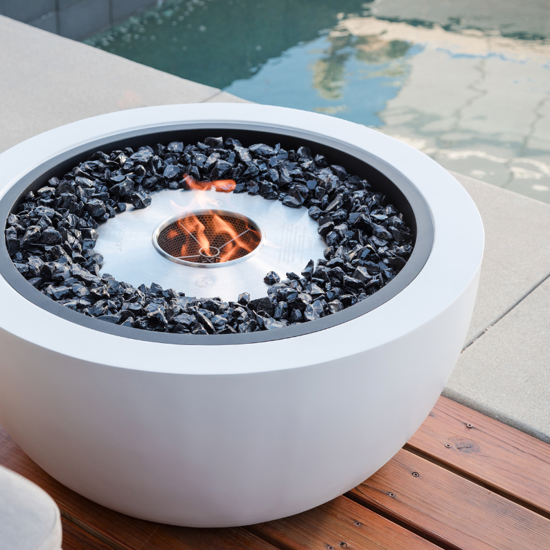 Close-up of the stainless-steel EcoSmart bioethanol burner inside the Pod 30 fire pit