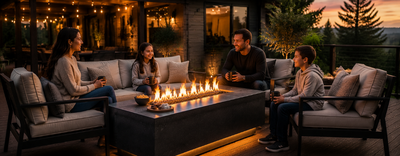 A family gathered safely around a propane fire table on a spacious patio at dusk, with warm amber flames glowing in the centre, conveying a sense of outdoor safety and enjoyment.