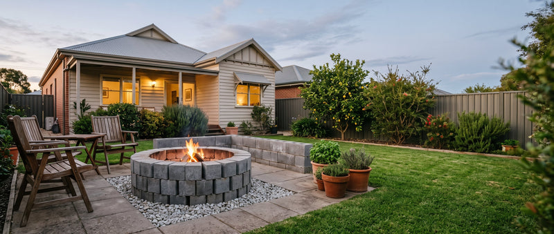 Round DIY fire pit built from stacked concrete blocks with a small wood fire on a paved patio in a tidy Australian suburban backyard at dusk