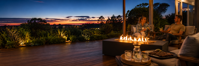 A modern rectangular gas fire table on a large timber deck at sunset, with a couple relaxing nearby and garden lighting glowing across the outdoor entertaining area.