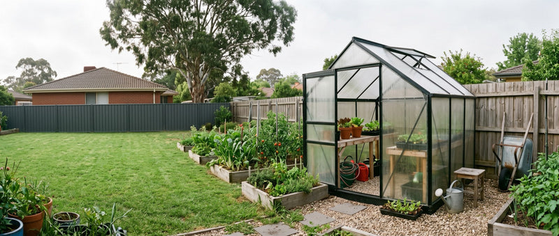 Polycarbonate greenhouse with black aluminium frame beside raised vegetable beds in an Australian suburban backyard