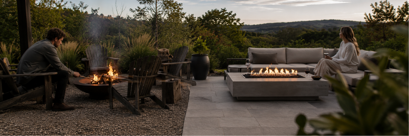 Rustic wood fire pit beside a modern gas fire table on a split Australian backyard entertaining space at dusk.