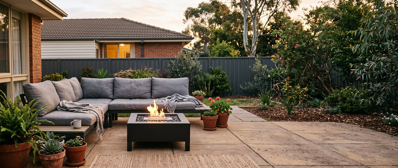 Low coffee-height bioethanol fire table sitting level with a cushioned outdoor lounge on a suburban patio at dusk