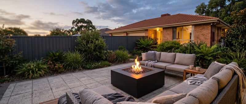Square bioethanol fire table surrounded by outdoor lounge seating in a tidy suburban courtyard, showing its size and clearance, at dusk