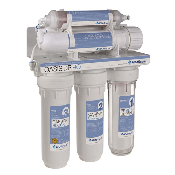 Atlas Filtri Oasis DP underbench reverse osmosis system, standard model, mounted on a white bracket