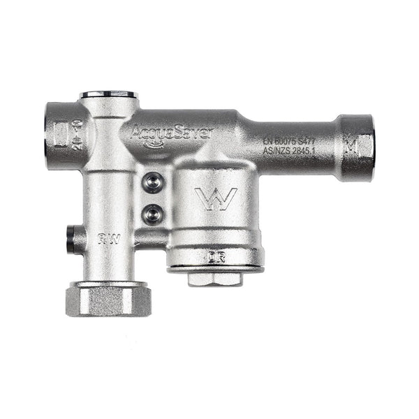 ClayTech AcquaSaver 2 three quarter inch rainwater to mains changeover valve with a silver metal body