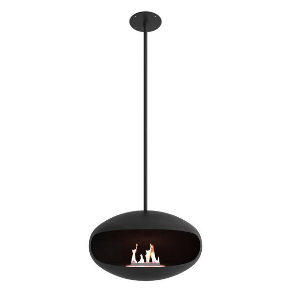 Cocoon Aeris Hanging Bioethanol Fireplace in matt black, studio shot with flame lit