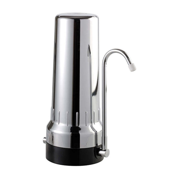 Depural Mono benchtop water filter kit in chrome with a swan-neck tap and black base