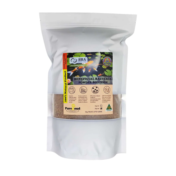 PurePond Anaerobic Bacteria Powder 2 kg pouch with window and koi pond label, front view, beneficial bacteria powder for ponds