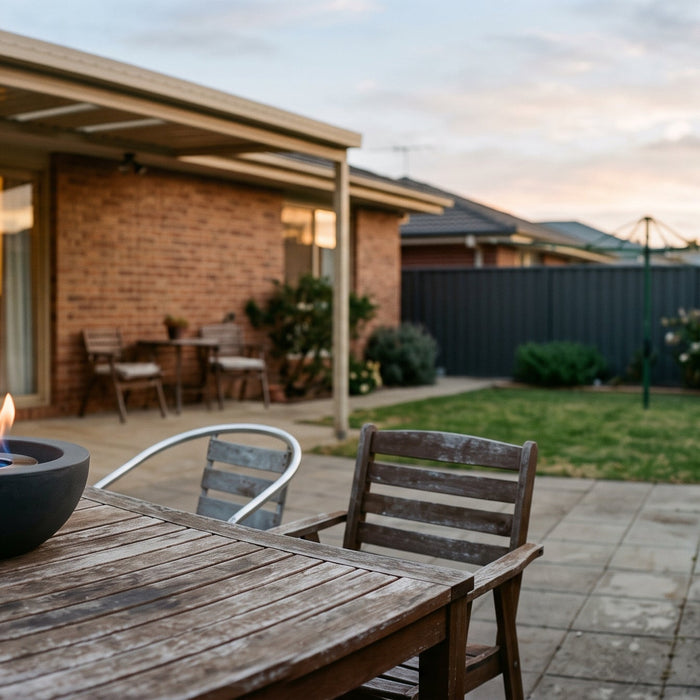 Bioethanol fireplace burning cleanly on an outdoor table in a normal Australian backyard