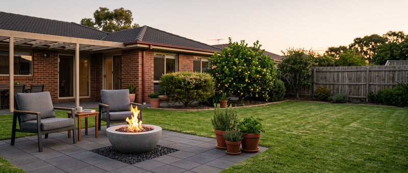 Cast-concrete bioethanol fire pit with a live flame on a paved patio in a tidy Australian suburban backyard at dusk