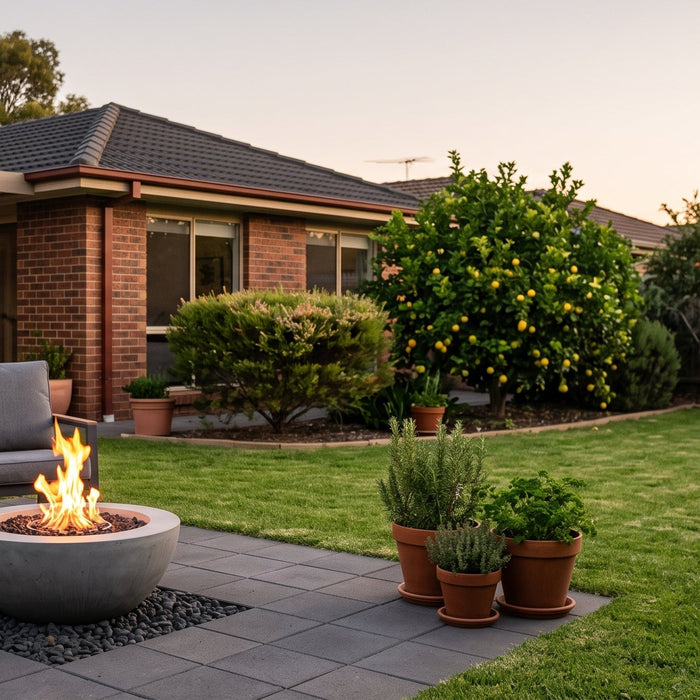 Cast-concrete bioethanol fire pit with a live flame on a paved patio in a tidy Australian suburban backyard at dusk