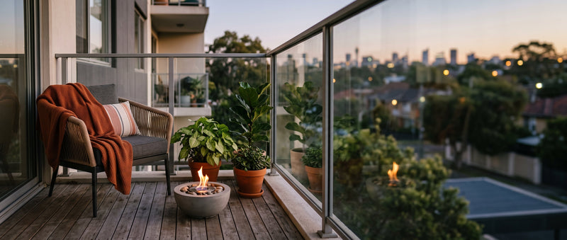 Compact bioethanol fire bowl with a small flame on a tidy apartment balcony at dusk with a suburban view