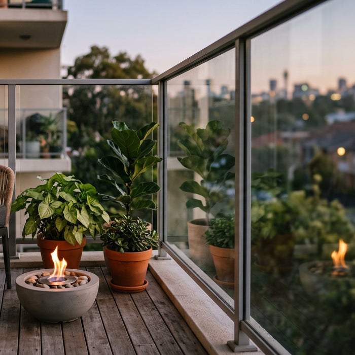 Compact bioethanol fire bowl with a small flame on a tidy apartment balcony at dusk with a suburban view