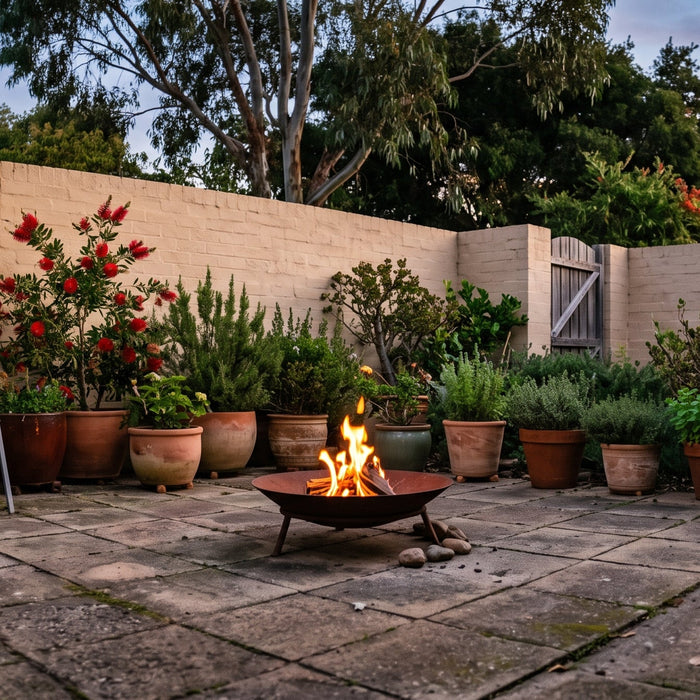 A compact fire bowl burning in a small paved Australian courtyard