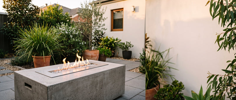 A cast-concrete fire table with a stainless steel burner and clear glass media in a tidy Australian suburban courtyard