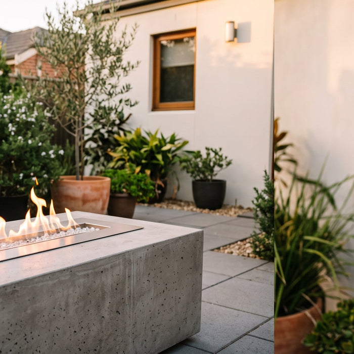 A cast-concrete fire table with a stainless steel burner and clear glass media in a tidy Australian suburban courtyard