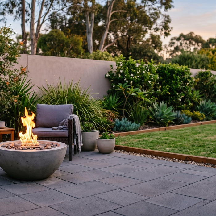 Smokeless concrete bioethanol fire bowl with a clean flame on a tidy paved courtyard at dusk