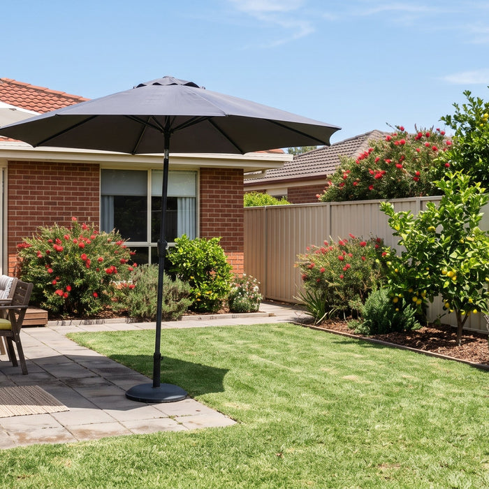 White and charcoal cantilever patio umbrellas side by side showing canopy colour contrast