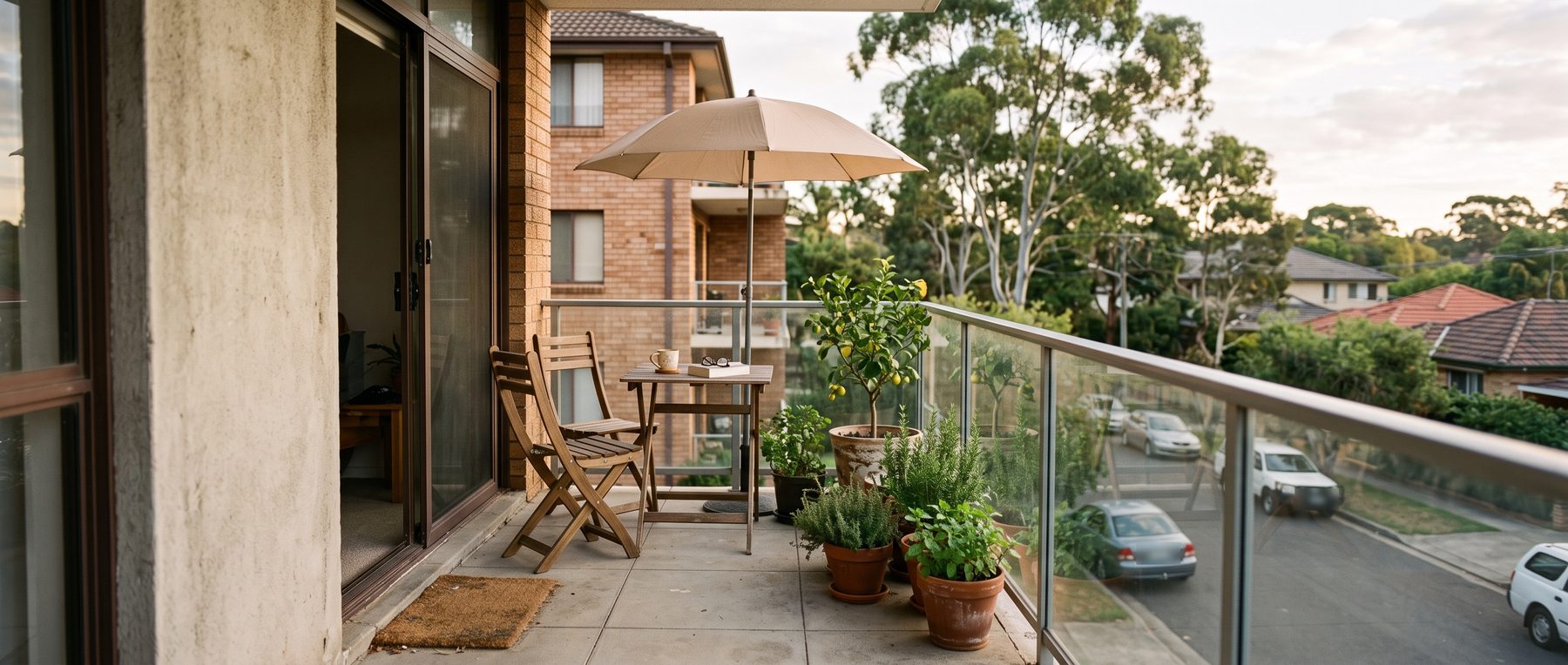 Small umbrella over a bistro table on a suburban apartment balcony with potted herbs