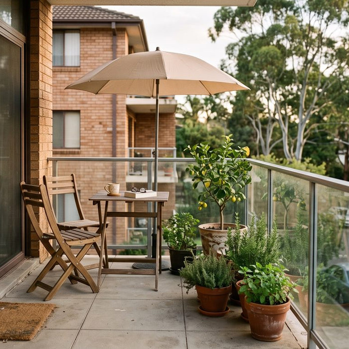 Small umbrella over a bistro table on a suburban apartment balcony with potted herbs