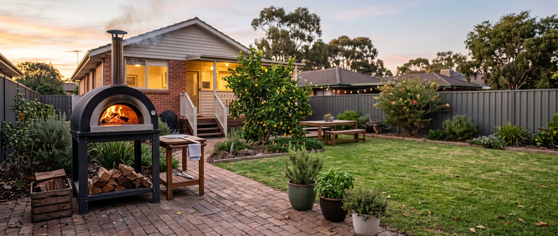 Wood fired pizza oven with a lit fire on a paved patio in a tidy Australian suburban backyard at dusk