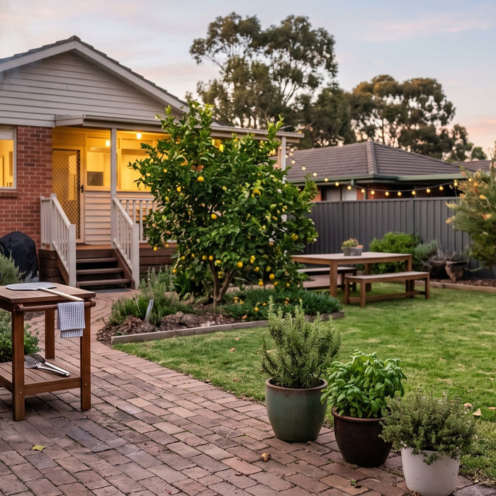 Wood fired pizza oven with a lit fire on a paved patio in a tidy Australian suburban backyard at dusk
