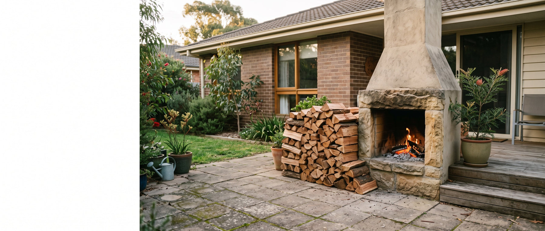Seasoned split firewood stacked beside an outdoor fireplace with a lit flame