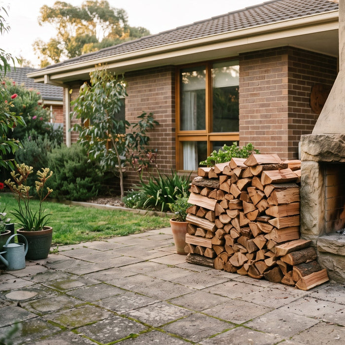 Seasoned split firewood stacked beside an outdoor fireplace with a lit flame