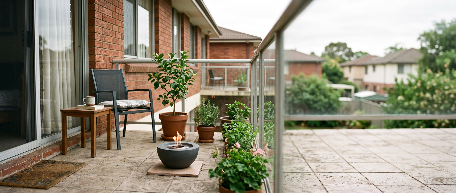 Are bioethanol fireplaces legal in Australia, a small bioethanol fire bowl on an apartment balcony