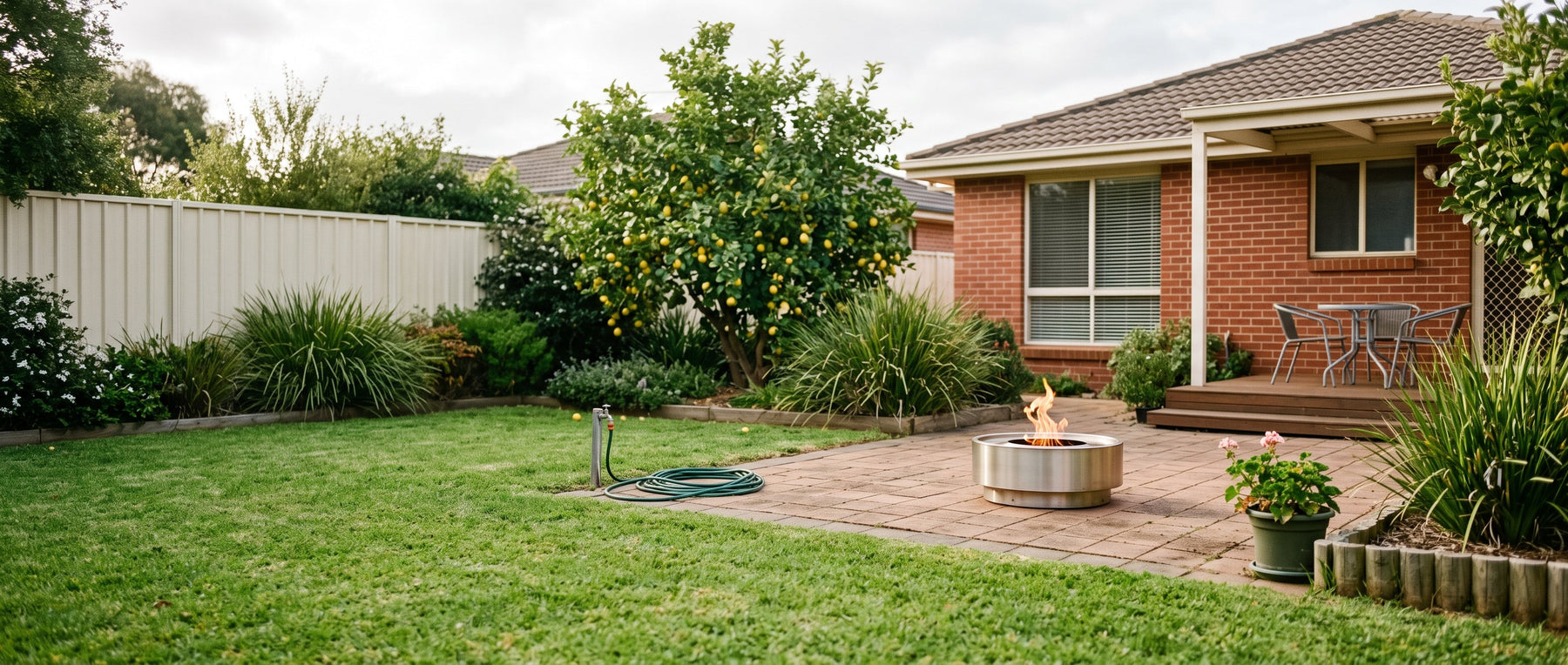Bioethanol fire bowl burning in a tidy Australian suburban backyard