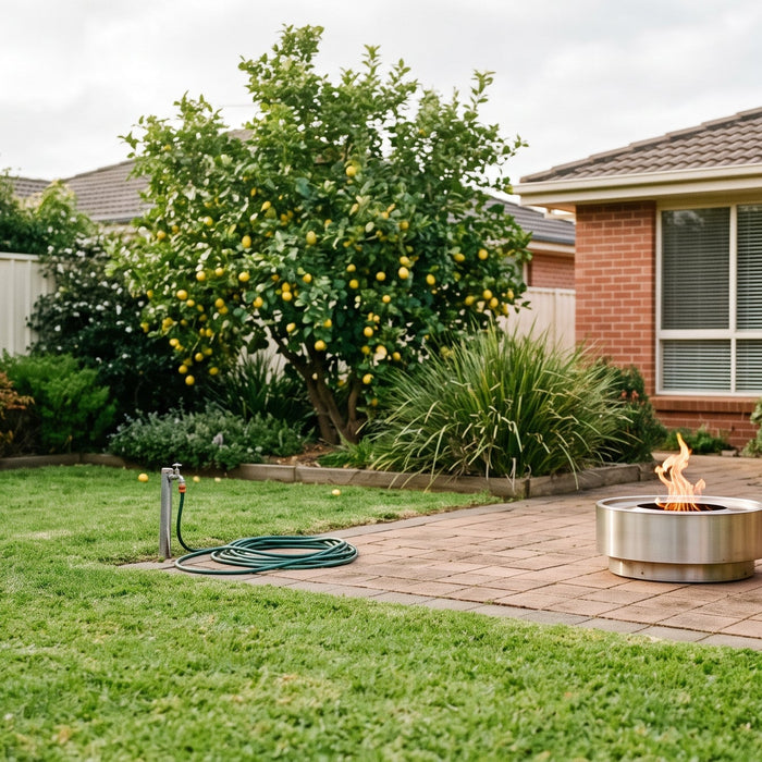 Bioethanol fire bowl burning in a tidy Australian suburban backyard