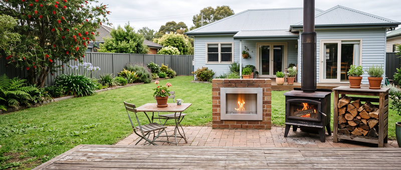 Bioethanol fireplace and wood-burning fireplace side by side in an Australian backyard for comparison