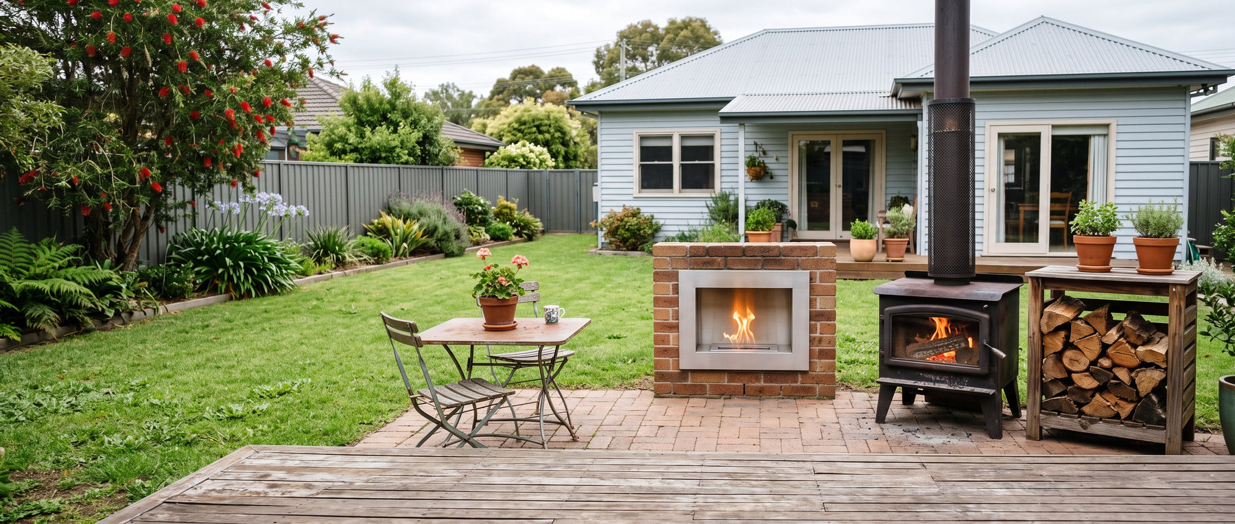 Bioethanol fireplace and wood-burning fireplace side by side in an Australian backyard for comparison