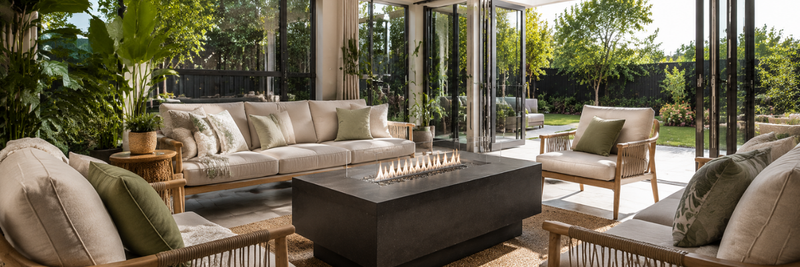 A sleek bioethanol fire table burning clean, smokeless flames in a bright modern sunroom with large windows, indoor plants, and contemporary design.