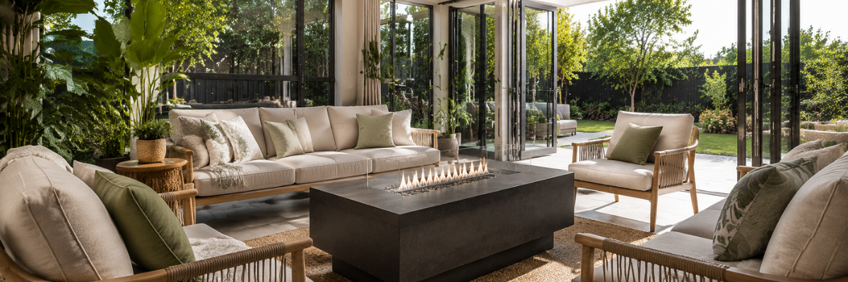 A sleek bioethanol fire table burning clean, smokeless flames in a bright modern sunroom with large windows, indoor plants, and contemporary design.