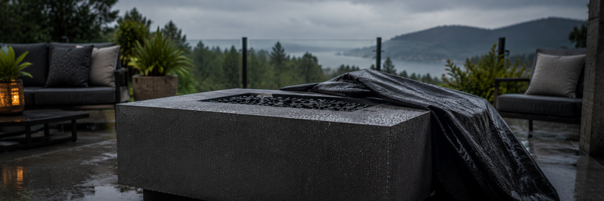 Outdoor propane fire table on a rain-soaked patio with water droplets and a partially fitted protective cover under an overcast sky.