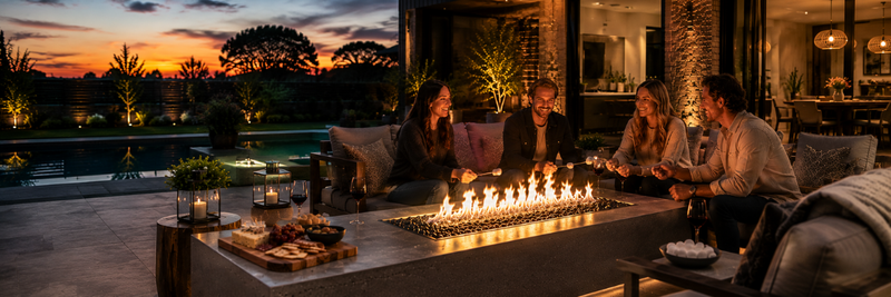 Friends roasting marshmallows over a propane fire pit for cooking at dusk