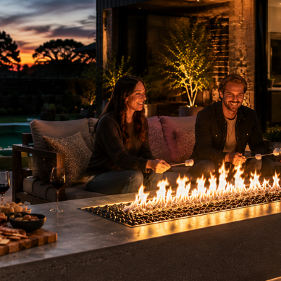 Friends roasting marshmallows over a propane fire pit for cooking at dusk