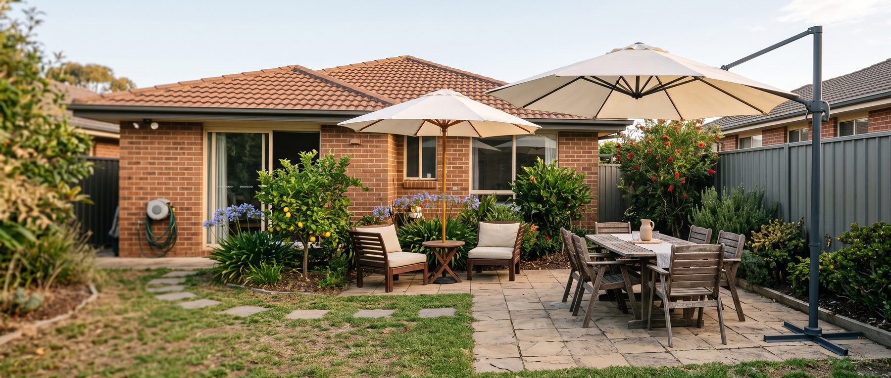 Cantilever umbrella and market umbrella shading a paved suburban courtyard in late-afternoon light