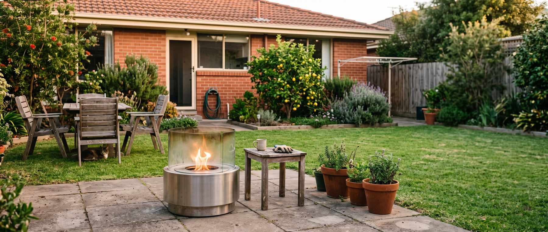 Bioethanol fire bowl with a clear glass wind screen in a tidy Australian backyard
