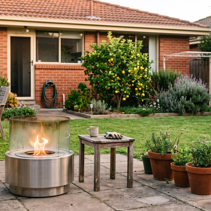 Bioethanol fire bowl with a clear glass wind screen in a tidy Australian backyard